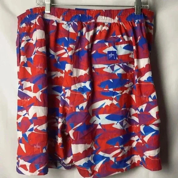 GUY HARVEY MENS XL RED WHITE BLUE SHARK DESIGN BOARD SWIM SHORTS ELASTIC WAIST - Picture 9 of 14